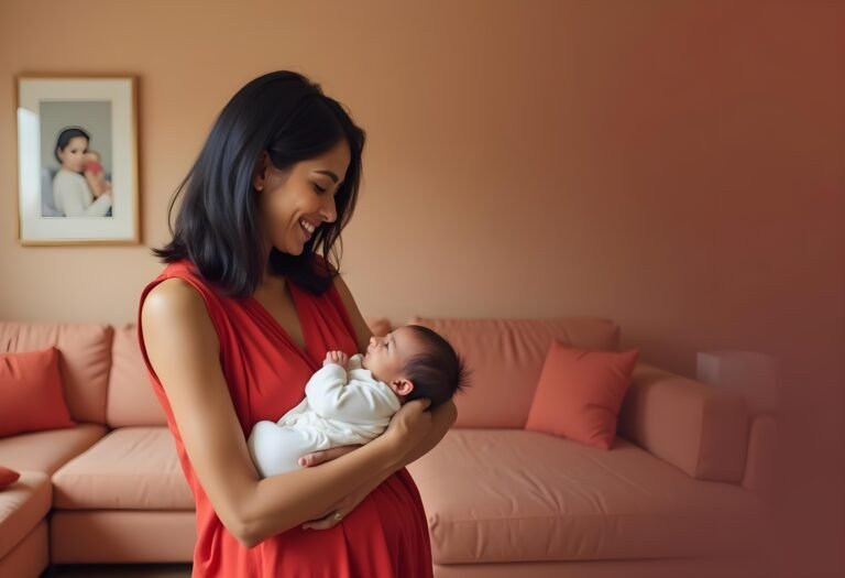 indian-woman-holding-baby-lamp-background